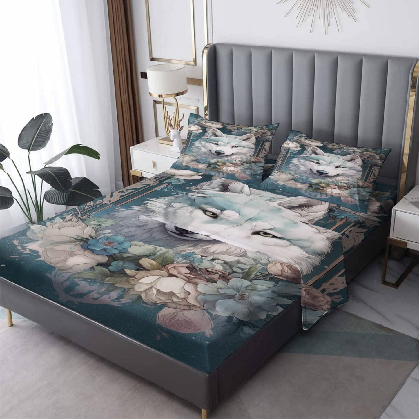 zcwl Queen Sheets Set, Wolf Bed Sheets - Microfiber Bedding Sheets & Pillowcases 4 Piece, Flower Animal Patterned Sheet Set, 16 Inch Deep Pocket Fitted Sheet, Silky Soft Wrinkle Free