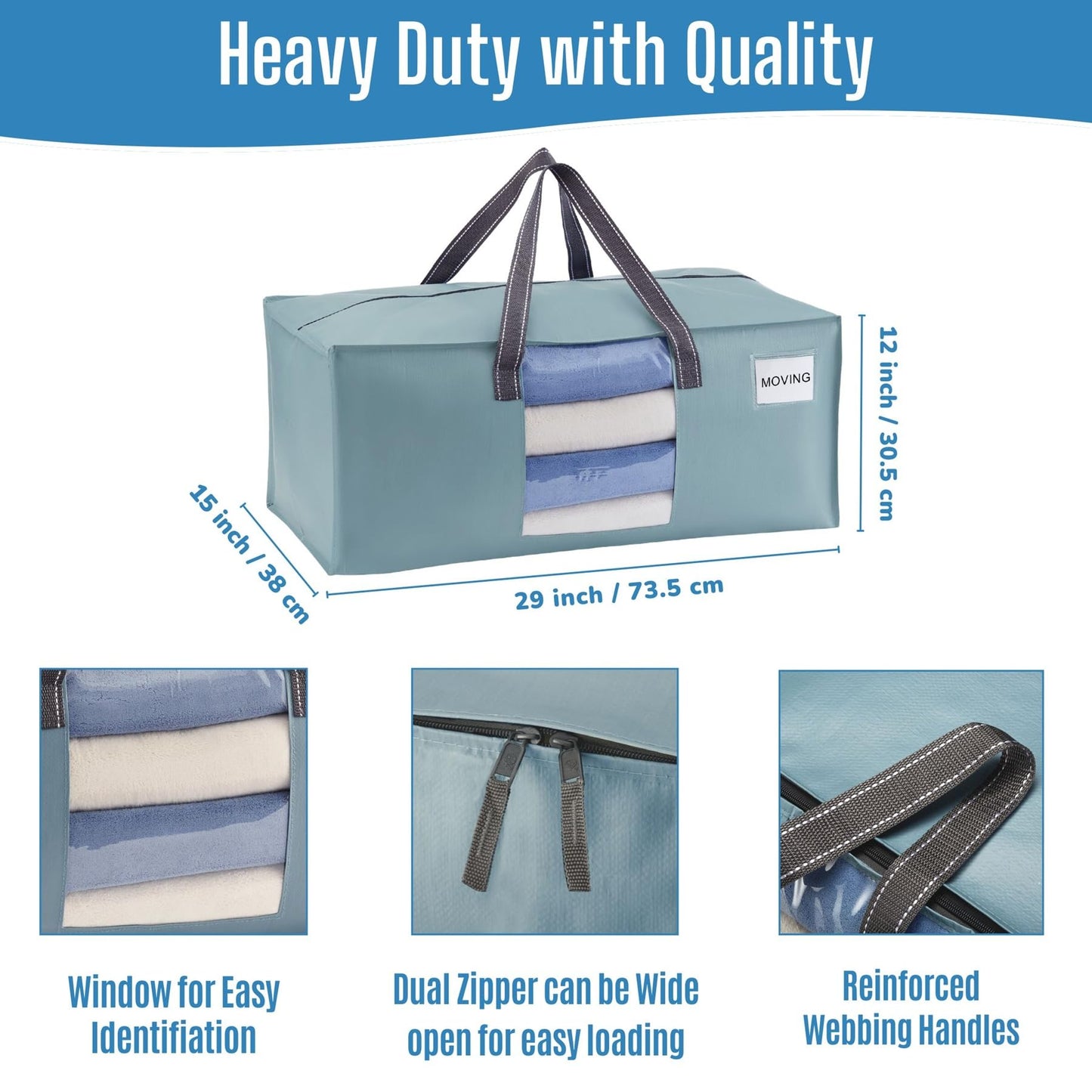 VENO 4 Pack Heavy Duty Moving Bags, Packing Bags with Clear Window, Alternative to Moving Boxes, Storage Bins for Clothes, Blankets, Comforters, College Dorm Essentials (Light Blue Matte, 4 Pack)