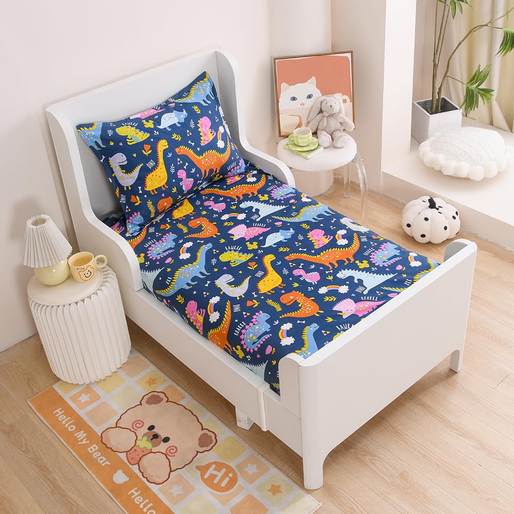 KWLOVER Soft Bed Fitted Sheet and Pillowcases Set,2PC Dinosaur Printed Bed Sheets for Kids Boys Twin Size Bed (Navy Blue Dino, Twin)