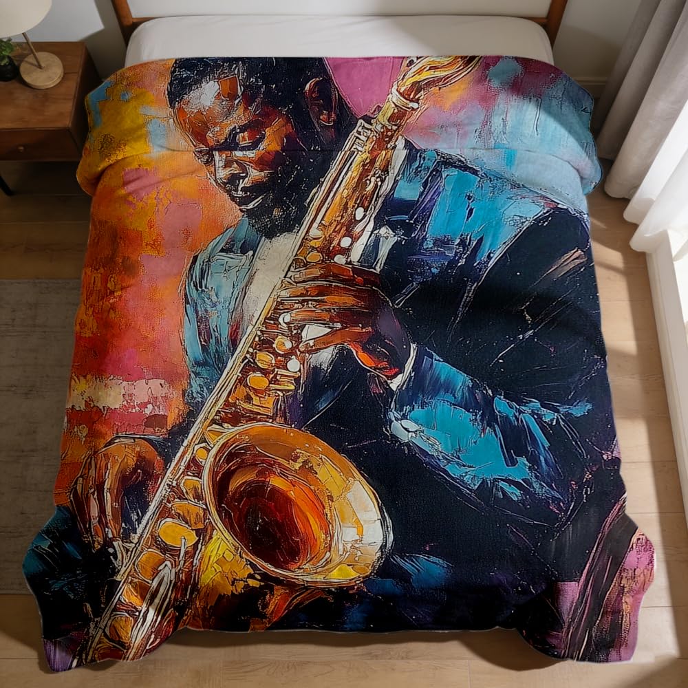 ZHOUSHUTONG African American Music Throw Blanket Black Music Print Super Soft Warm Cozy Flannel Blanket for Couch Bedroom Office Home Decor Gift for Music Lovers 49"x59"