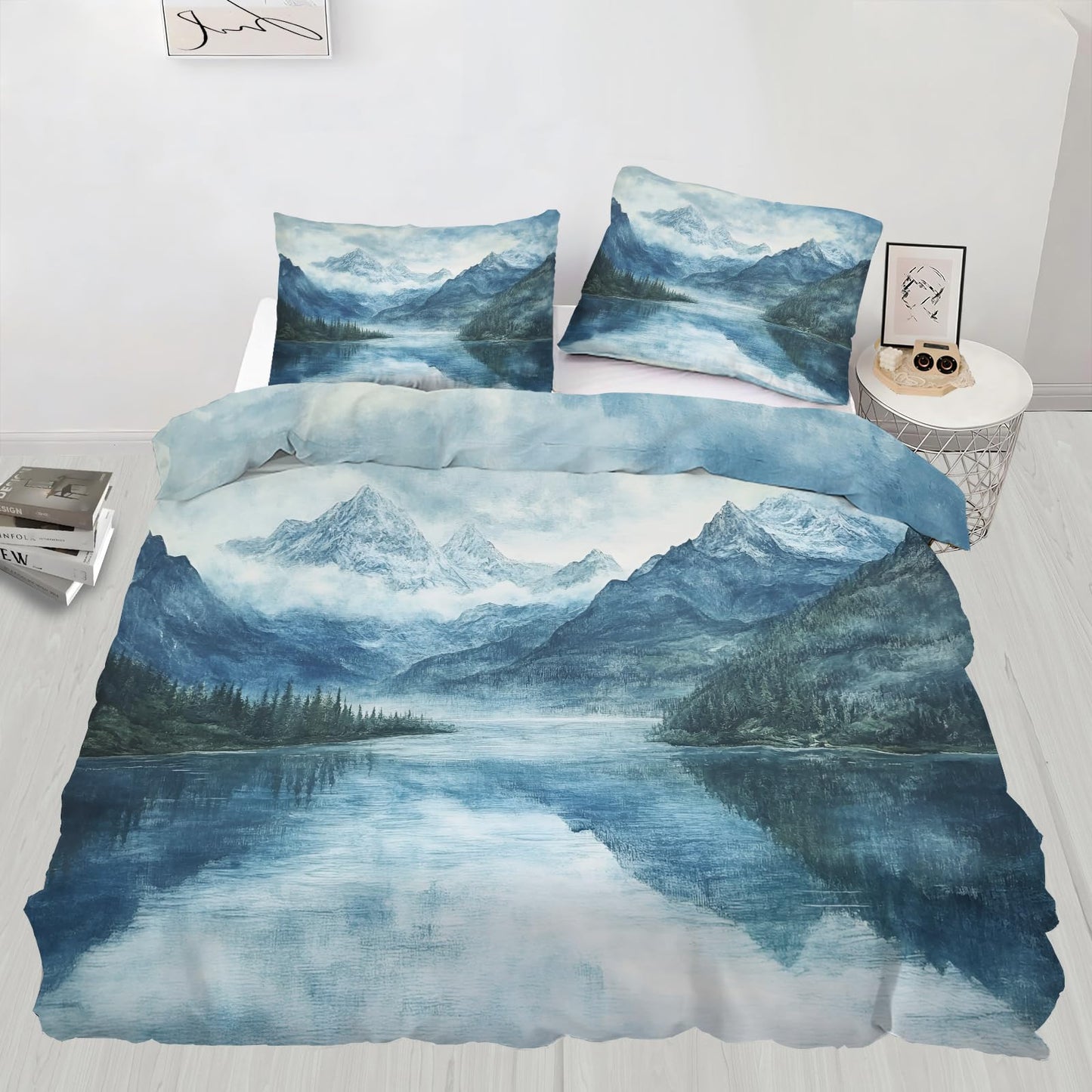 GKPLY Misty Mountain Bedding Comforters, Blue Watercolor Duvet Cover, Serene Nature Comforter Set, Reversible Print - Scenic Landscape Bedding Duvet Cover & 2 Pillowcases California King