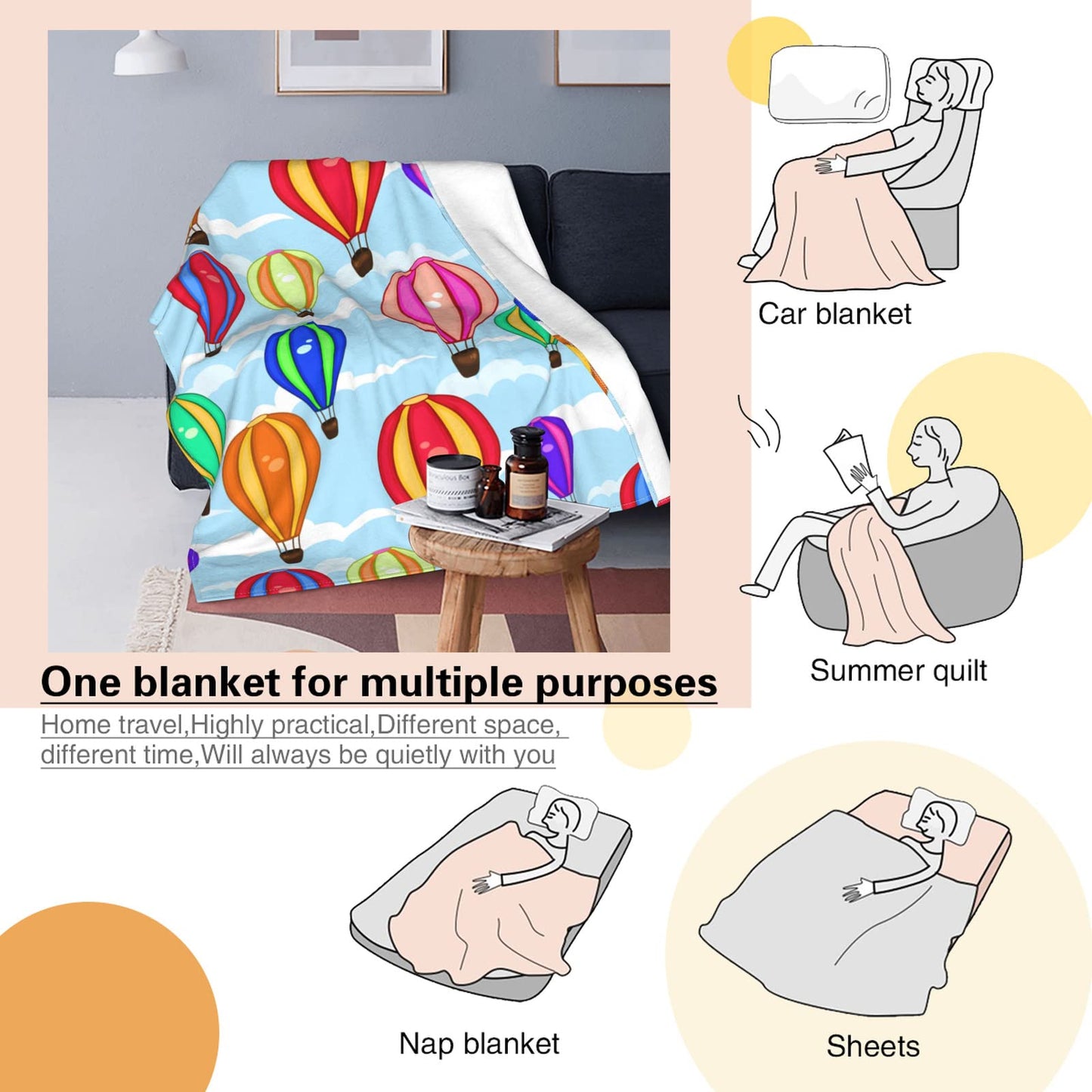 Cartoon Hot Air Balloon Blanket 60"x80" - Ultra Soft Flannel Throw for Adults & Kids - Playful Cloud & Balloon Print - Lightweight Plush Blanket for Bed, Sofa & Home Decorations