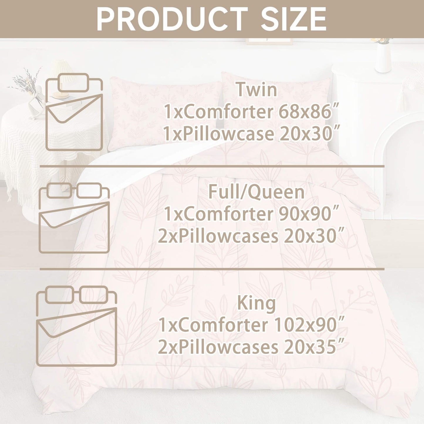 CERYUEE King 3pc Pink Line Leaf Boho Botanical Comforter Set