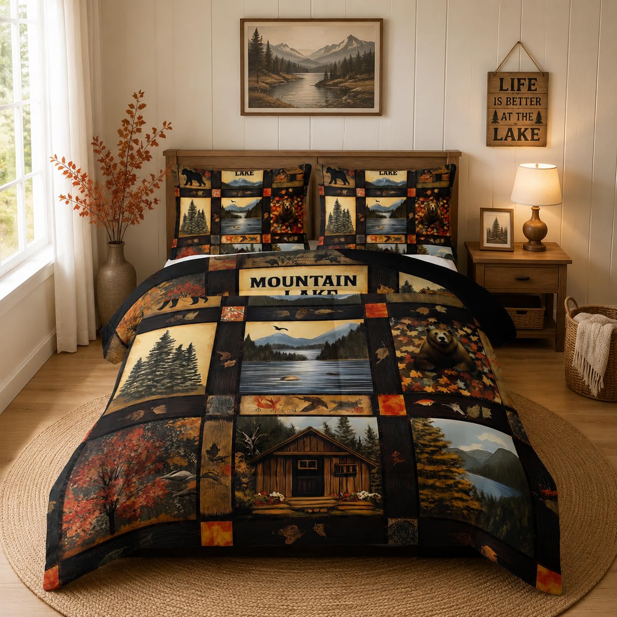Nttopship Hunting Bear Comforter Set Twin,Bear Cabin Plaid Comforter Set Bedding Set for Kids Boys Men Adults Wildlife Pine Trees Rustic Farmhouse Soft Microfiber Comforter with 2 Pillowcases