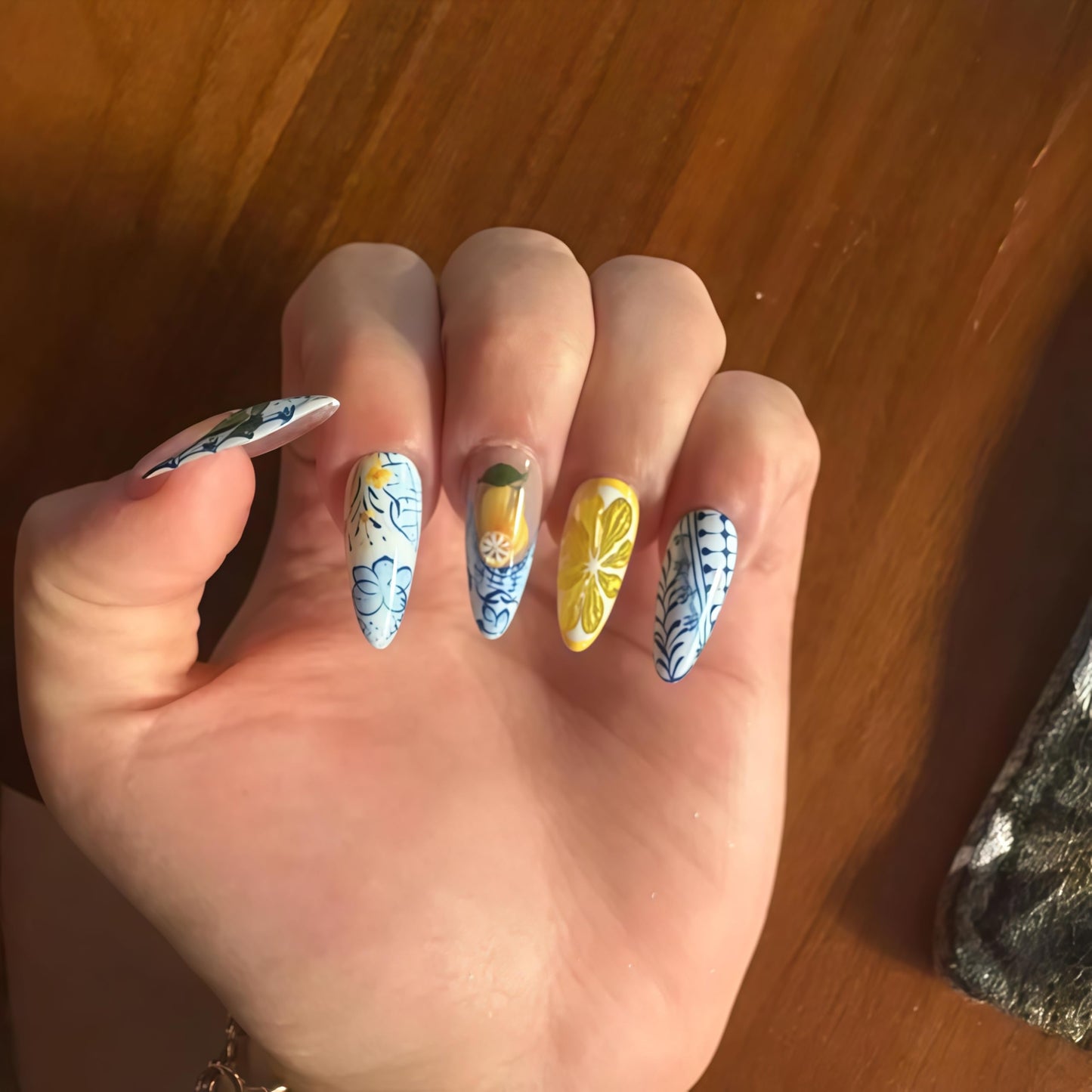Handcrafted Press On Nails Italian Vacation Style Lemon & Blue Ceramic Pattern 100% Handmade Realistic Artistic Fake Nails With Adhesive Glue Tabs And Tool Gifts For Women (Hand-Painted Lemon,Long M)