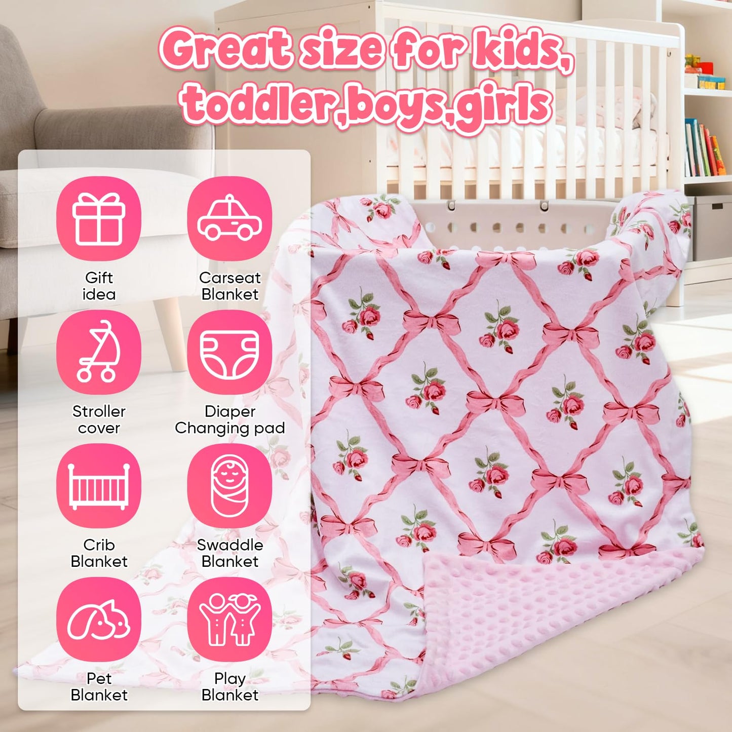 Baby Blanket for Boys Girls Super Soft Double Layer Minky with Dotted Backing Cute Cow Crib Receiving Blanket Bed Throws for Newborns Nursery Stroller Toddler 30 x 40 Inch (Pink Bow Rose)
