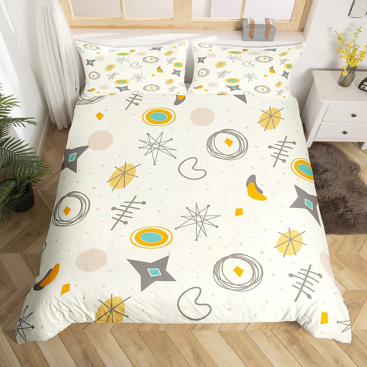 Kids Cartoon Atomic Comforter Cover Modern Mid Century Bed Set, Retro Fifties Duvet Cover Queen Size Hippie Abstract Bedding Sets, Geometric Polka Dots Bedspread Cover Teal Orange Room Decorative