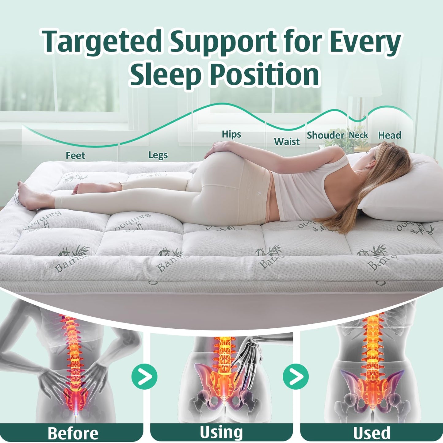DOWNCOOL Memory Foam Mattress Topper Full, Pillow Top Mattress Pad for Back Pain Relief, Viscose Derived from Bamboo, Deep Pocket Fits 8–21 Inch