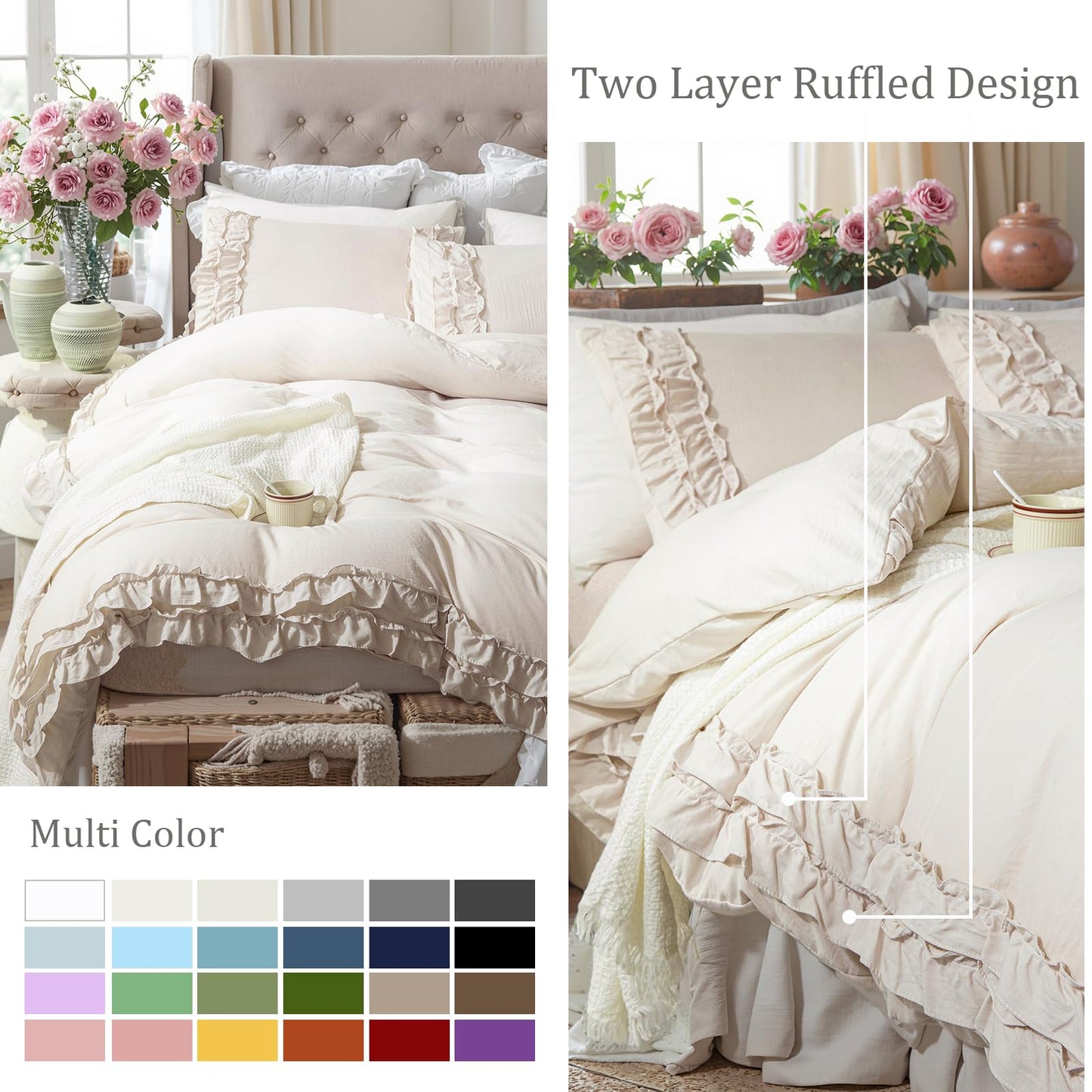 Bedorm Beige Duvet Cover Queen Shabby Chic Bedding Soft Breathable Washed Microfiber Ruffle Duvet Cover Coquette Cute Comforter Cover Girls Women