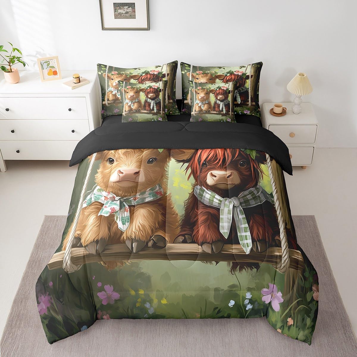 Erosebridal Highland Cow Comforter Set King Size,Western Cow Bedding Set for Kids Teens,Farmhouse Animal (Comforter+Fitted+Flat Sheet+2 Pillowcases+2 Throw Pillow Covers) 7 Pieces Bed Set