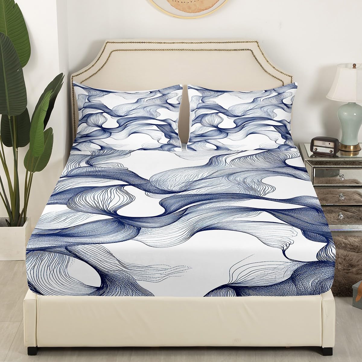 Feelyou Stripes Bed Sheets Set Modern Striped Art Sheet Set for Kids Boys Girls Teens Abstract Texture Printed Sheets with Deep Pocket Fitted Sheet Queen Size Luxury Texture Bedding Set 4Pcs