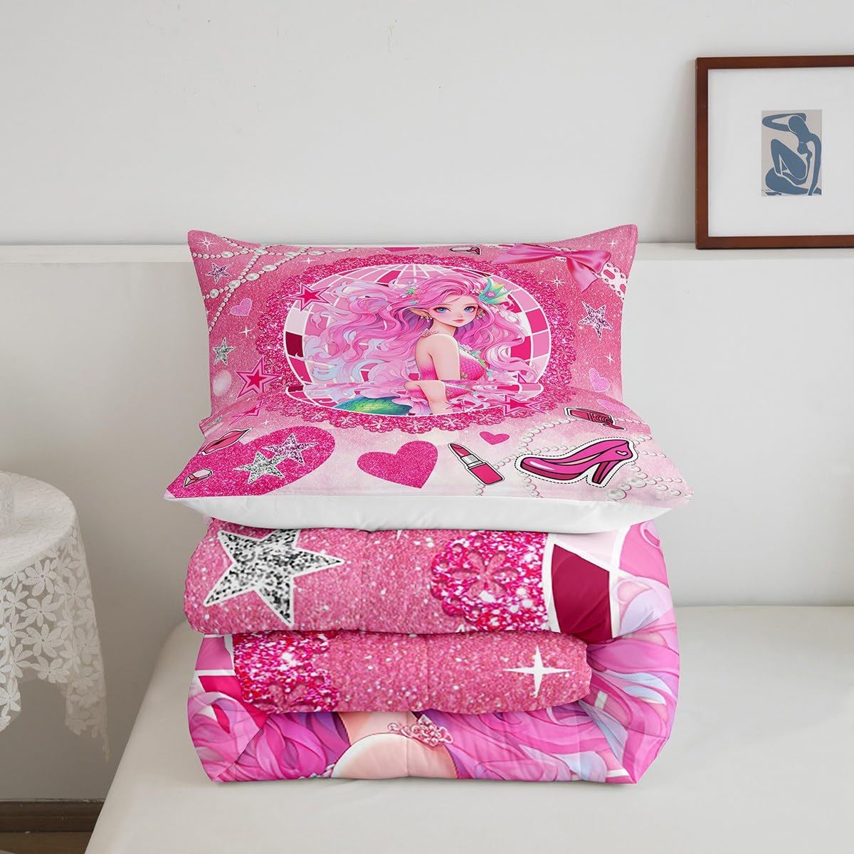Mermaid Princess Kids Comforter Set Queen Size,High-Heeled Shoes Lip Bowknot Romantic Bedding Set,Girls Women Room Decor,Glitter Sequin Castle Down Comforter,Pink Dreamy Duvet Insert,2 Pillowcases