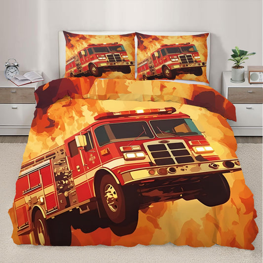 QINYUN Fire Truck Car Duvet Cover King Size, Flame Fire Engine Bedding Set 3 Piece Bedroom Decor Red Truck Patterned Comforter Cover with Zipper Ties & 2 Pillowcases