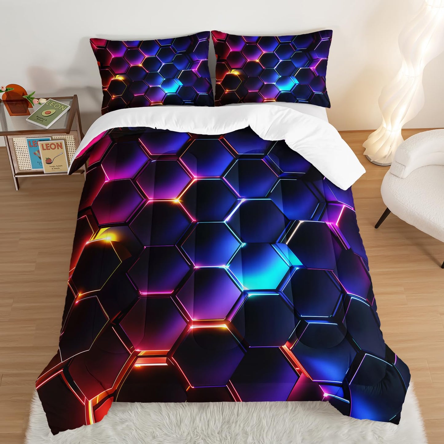 HOSIMA 3D Honeycomb Comforter Set - Queen Size, Geometric Hexagon Pattern Bedding Set for Kids Teens Boys Room Decor, Purple Blue Neon Lights Comforter Set with 2 Pillowcases