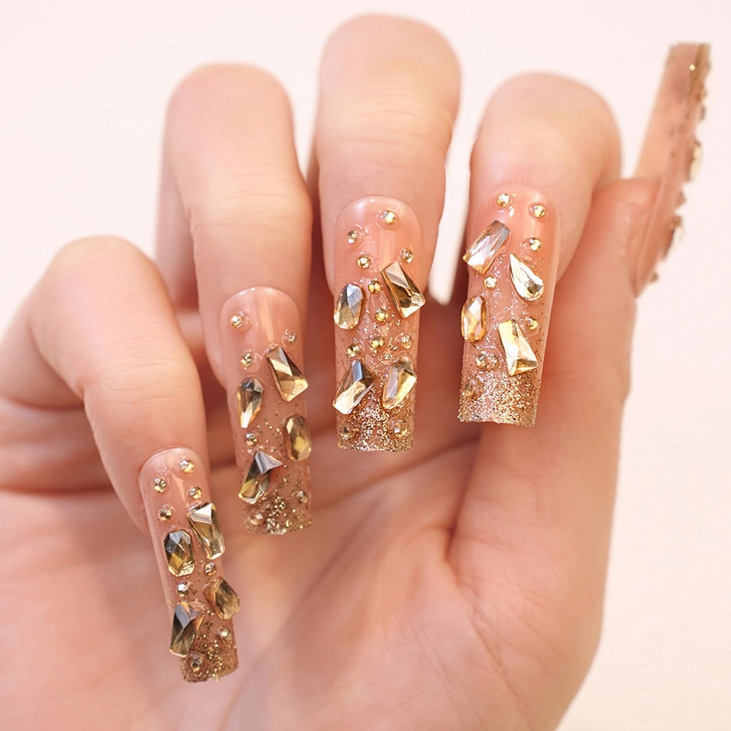 MISUD Press on Nails - Long Square Glue on Nails with Bling Gold Glitter, Acrylic Luxury Rhinestone Design 24 pcs