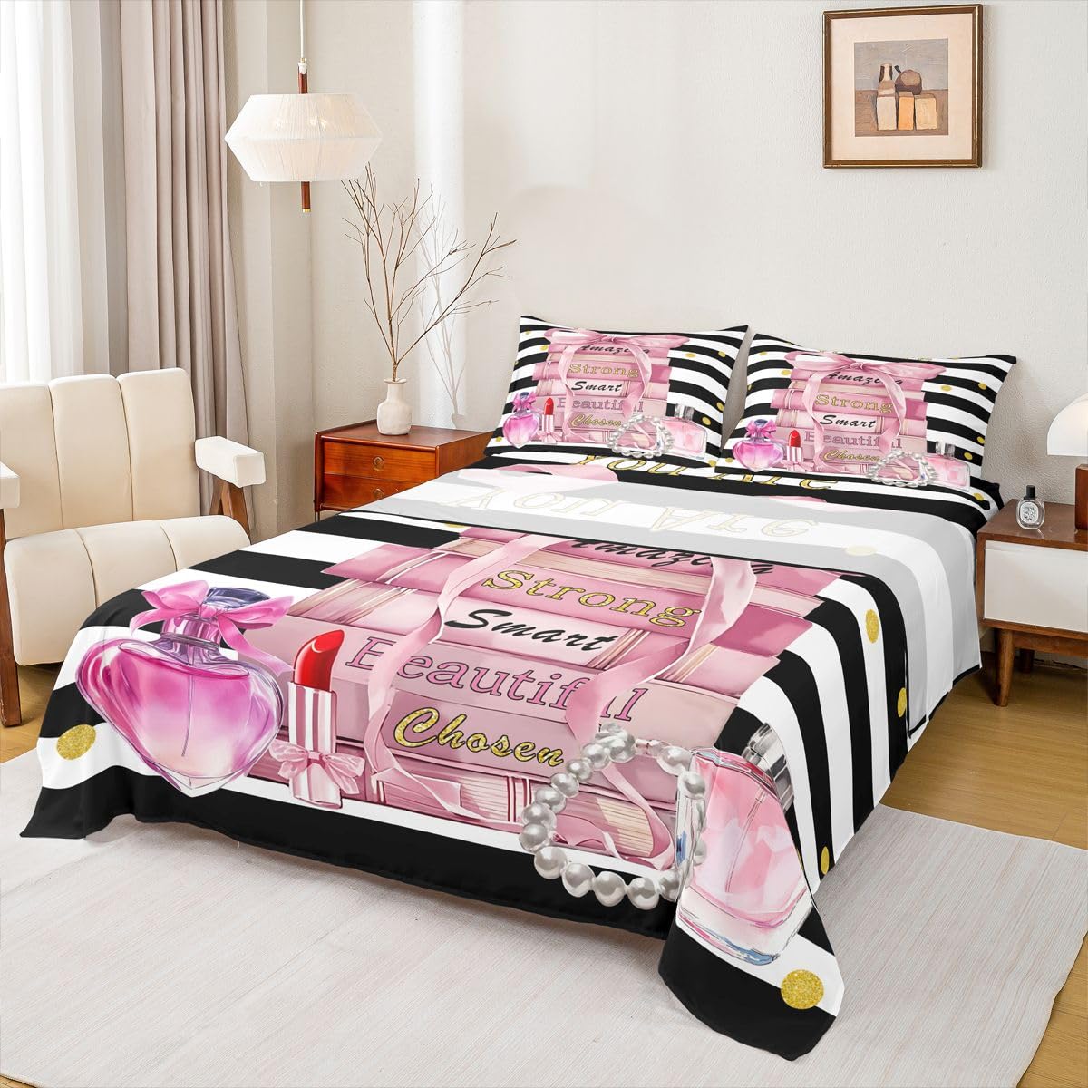 Erosebridal Pink Cute Sheet Set King Size Girly Fashion Bow Bed Sheets for Girls Teens Kids Women Modern Black and White Stripe Bedding Set Positive Quotes Books Pearl Perfume Sheets