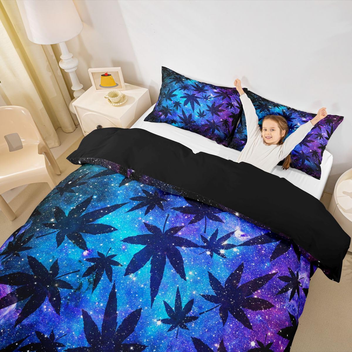 Erosebridal Leaves Duvet Cover Teens Galaxy Bedding Set Full Size for Women Men Youth Chic Purple Blue Quilt Cover Room Decor