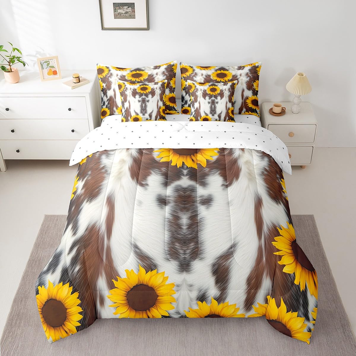 Erosebridal 7 Pcs Cow Print Comforter Set Twin Size,Sunflower Cow Bed in a Bag with Flat Sheet and Fitted Sheet for Kids and Adults,Farm Cowhide Flower Bedding Set with Pillowcases and Cushion Cases