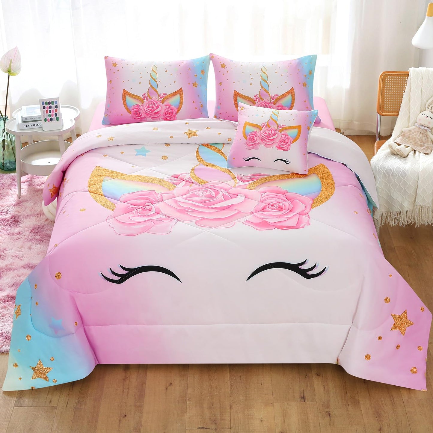 Keyroal 6Pcs Twin Comforter Set with Sheet,Unicorn Flower Bedding Set for Kids,Pink Rainbow Bed in a Bag Bedding for Girls-Smile Unicorn