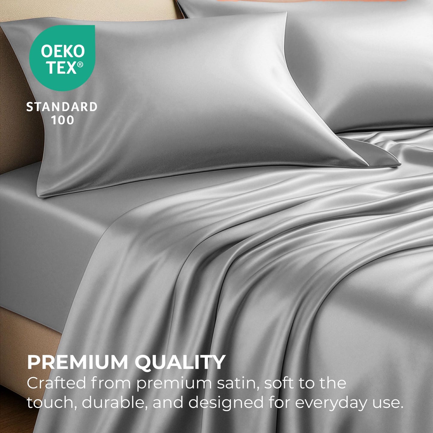 Satin Sheets Queen [4-Piece, Grey] Hotel Luxury Silky Bed Sheets - Extra Soft 1800 Microfiber Sheet Set, Wrinkle, Fade, Stain Resistant - Deep Pocket Fitted Sheet, Flat Sheet, Pillow Cases