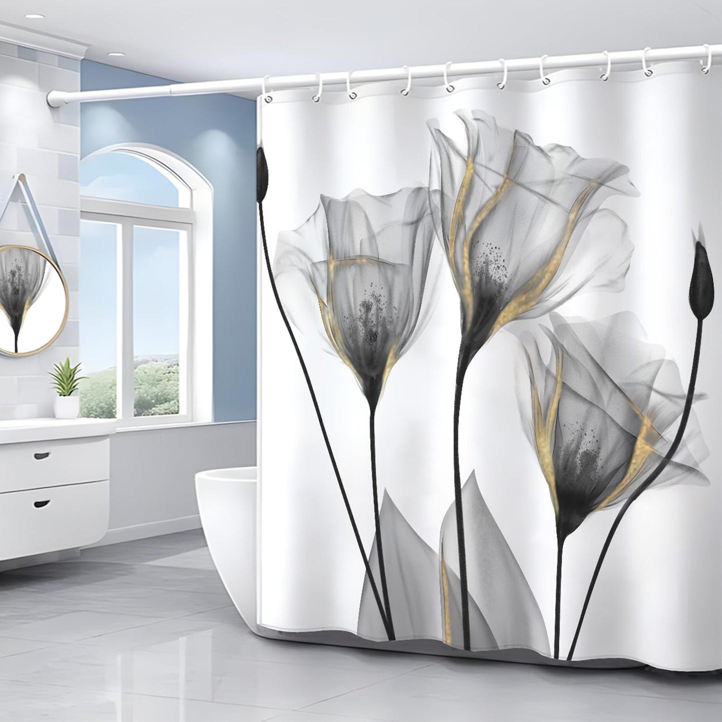 ZCHOMI Grey Floral Shower Curtain Watercolor Tulip Flower Shower Curtains for Bathroom Waterproof Polyester Fabric Bathroom Curtain 72 x 72 Inch with 12 Plastic Hooks