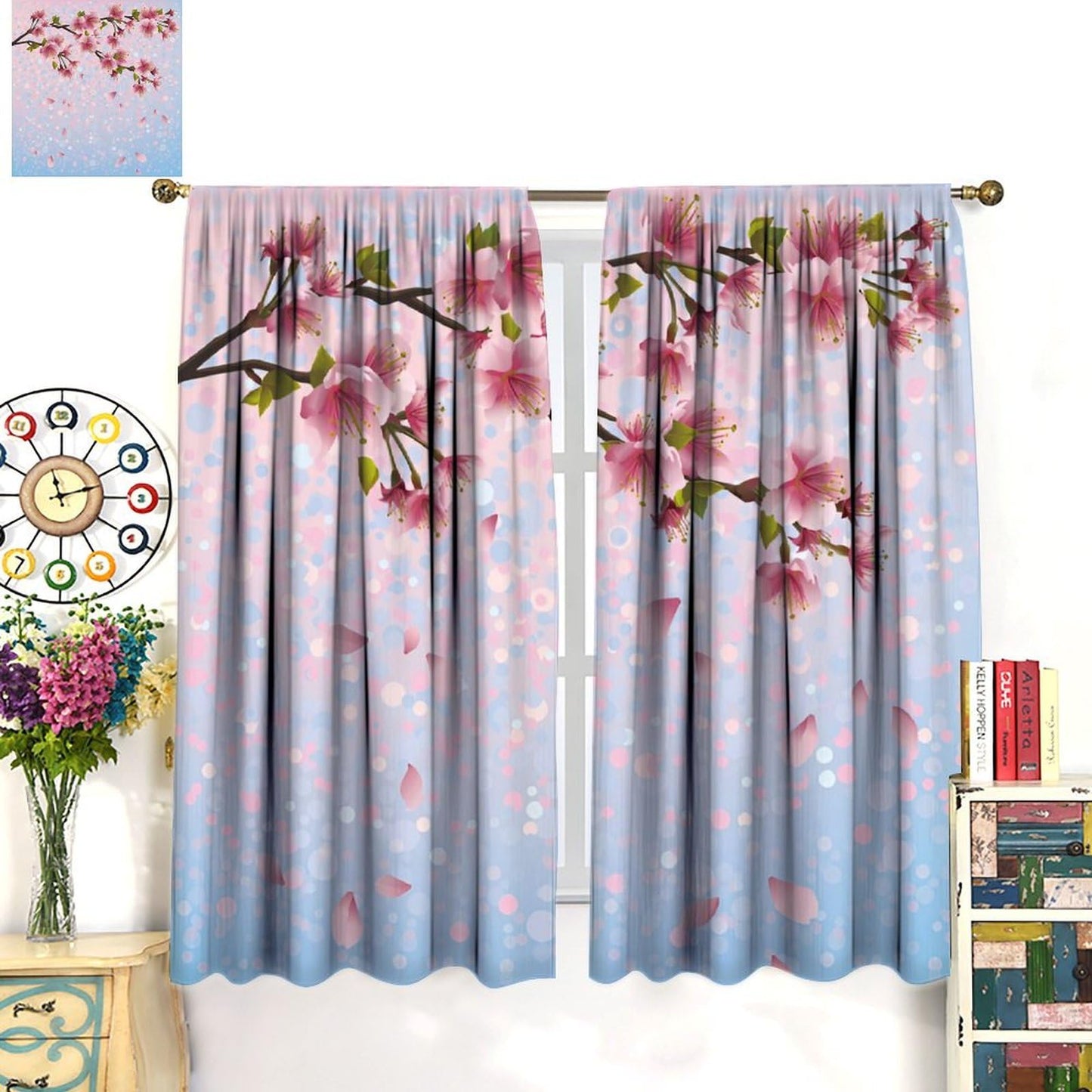 Mchenxin Colorful Spring Flower Curtains for Kitchen, Japanese Cherry Branch Falling Petals Print Window Drapes Curtains for Bedroom Bathroom Cafe, 42x45in (No Blackout)