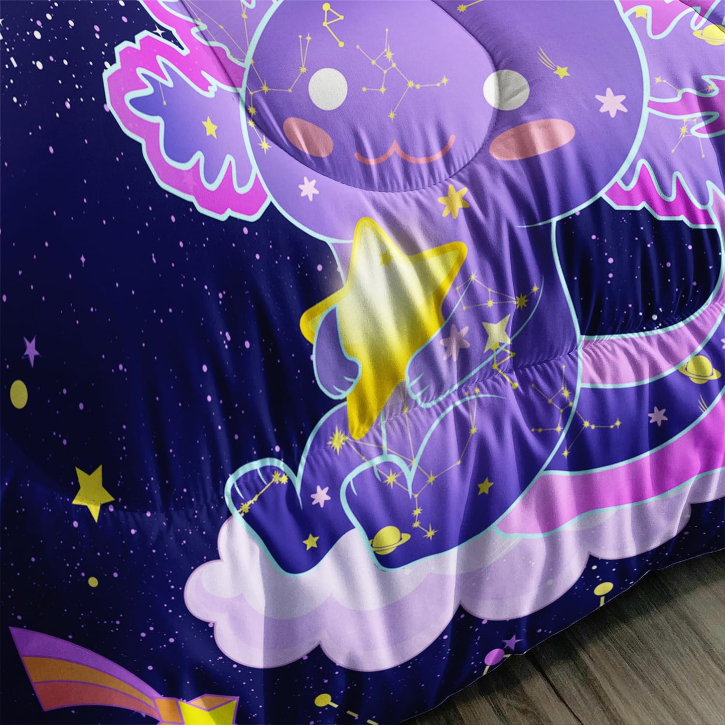 Galaxy Axolotl Comforter Set Queen Size,Kawaii Animals Cartoon Space 3 Bedding Set for Girls Boys Kids,Rocket Starry Sky Lightweight Down Alternative with 2 Pillowcases for Bedroom Decorative