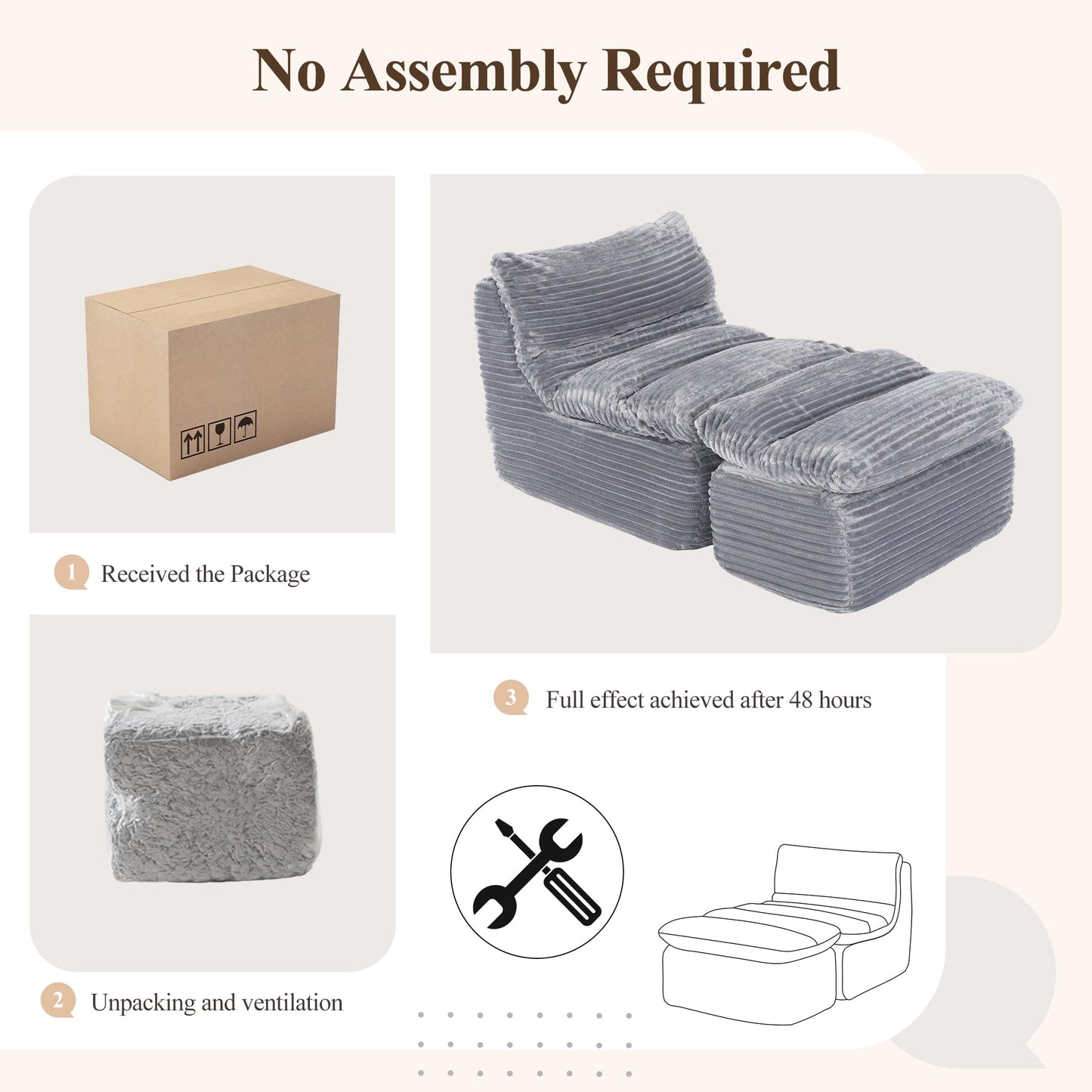 COLAMY Bean Bag Chair, Lounge Chair with Removable Ottoman for Adults, Comfy Fabric Sofa Bed Couch with Memory Foam, Backrest for Living Room, Office, Bedroom, Grey