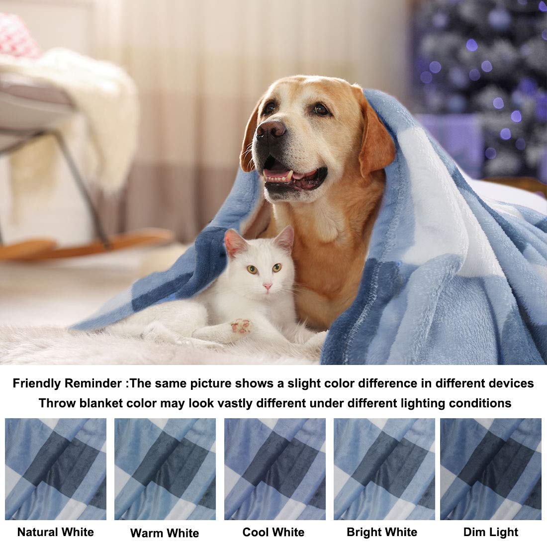 PiccoCasa Plaid Flannel Fleece Throw Blanket, Soft Buffalo Checkered Throw Blanket, Tartan Decorative Plush Blanket for Couch Sofa Bed, 50" x 60", Blue and White