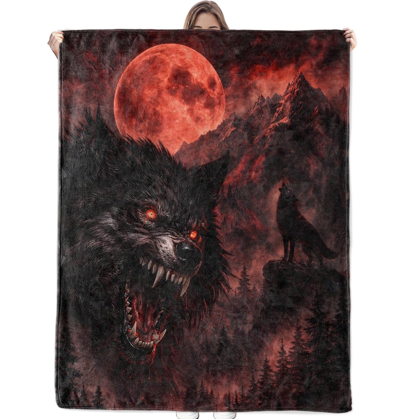 Wolf Moon Blanket Soft Cozy Red Blood Moon Animal Forest Flannel Throw Blanket, Gifts for Men Teens, Warm Yet Lightweight Gothic Blankets for Travel, Couch, Bed, Fuzzy Decor Comfort Wrap 60"×50"