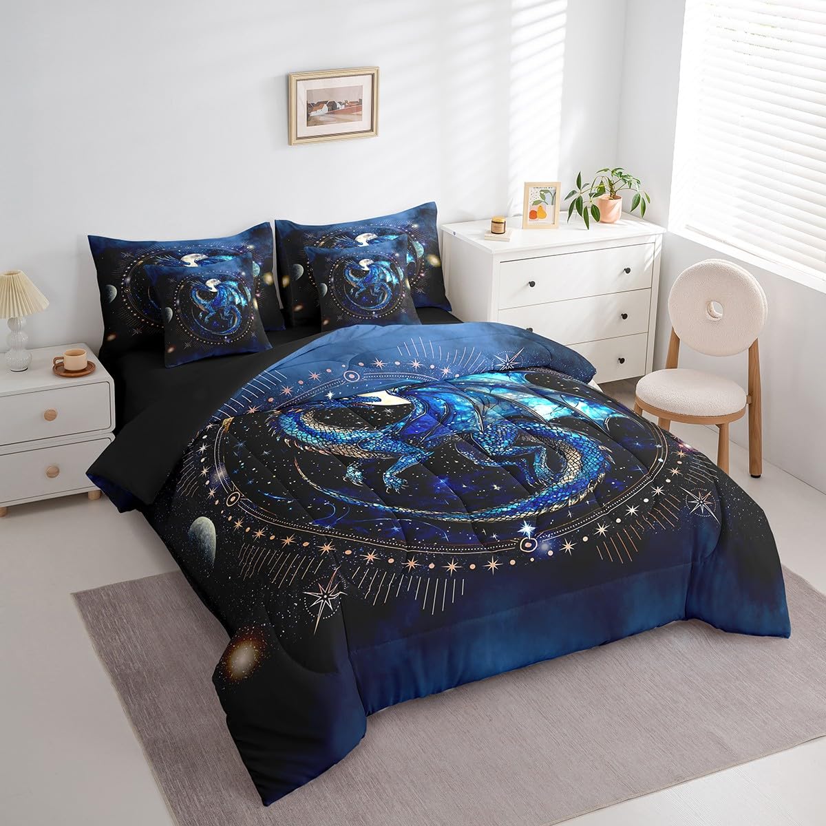 Feelyou Dragon Comforter Set with Sheets Twin Size Dragon Stuff Bed in a Bag for Boys Girls Teens Luxury 7 Pieces Bedding Set Dragon Decor Bed Set Room Decor Blue Black
