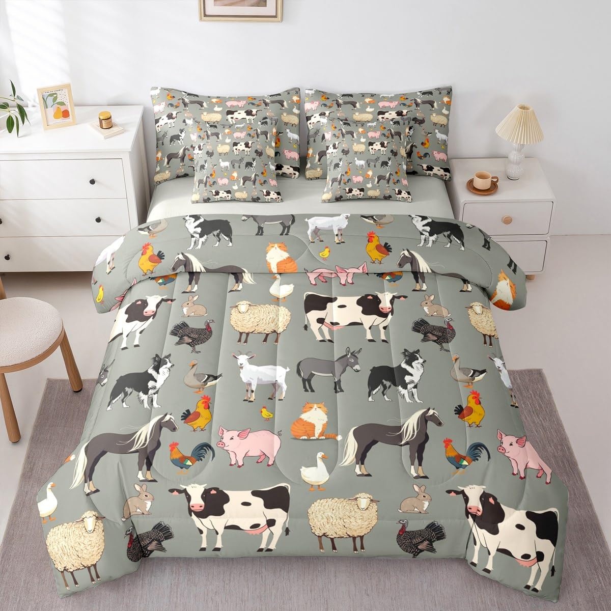 Erosebridal Farm Animals Comforter Sets with Sheets, Cartoon Animal 7 Piece Bedding Set for Kids Boys Girls Cute Farmhouse Animal Bed in A Bag Funny Horse Sheep Cow Bed Set Queen, Grey