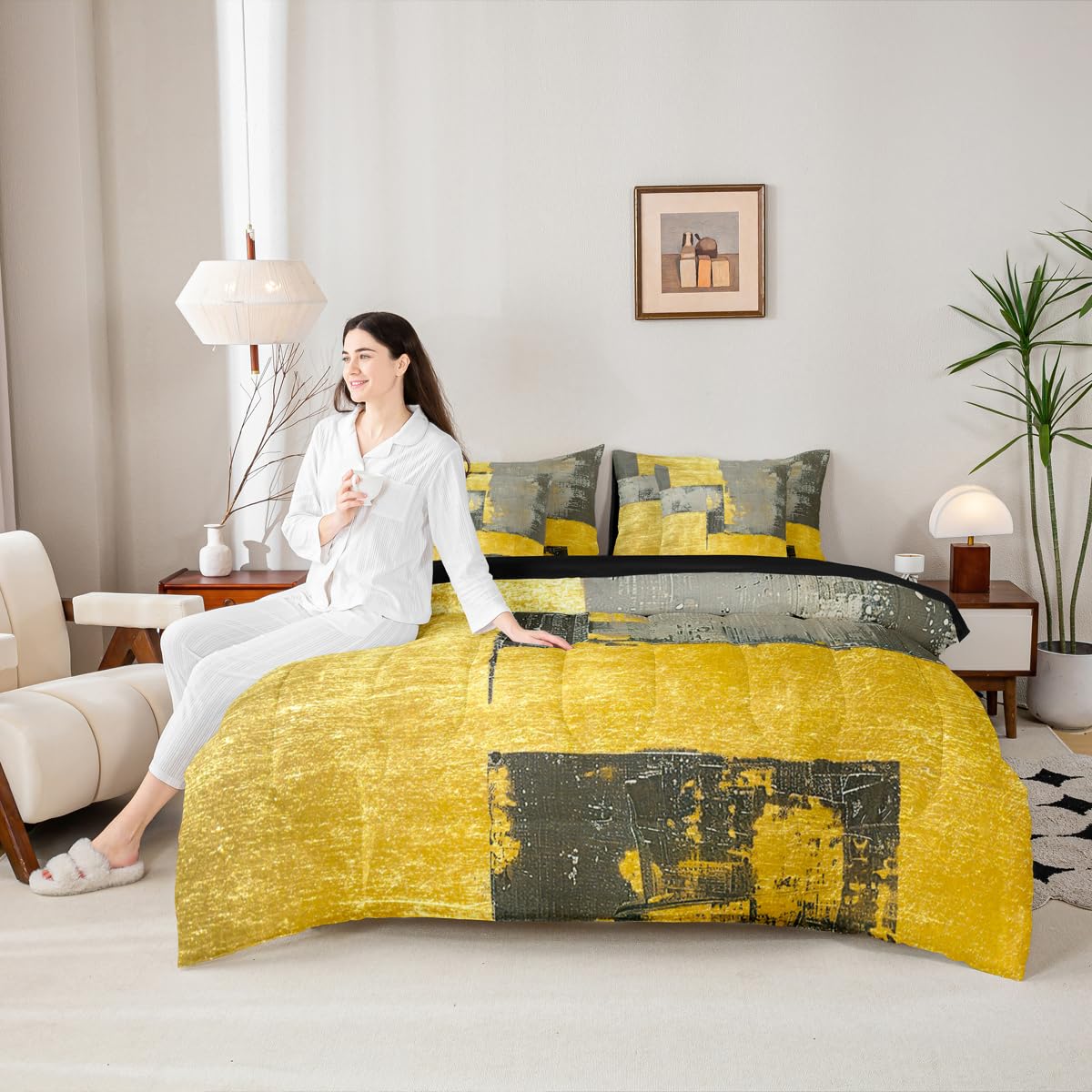 Feelyou Abstract King Comforter Set with Sheets for Kids Boys Girls Modern Abstract Art 7 Pieces Bedding Set Luxury Bed in a Bag Geometric Room Decor Gray Yellow Soft Lightweight Microfiber
