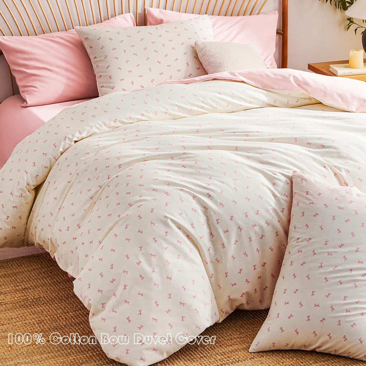 Jolusere Bow Duvet Cover Queen Size 100% Cotton Duvet Cover Set Girls Kids Reversible Pink Beige Comforter Cover 3 Pieces Soft & Breathable Pink Bowknot Bedding Set with 2 Pillowcases, Zipper Closure