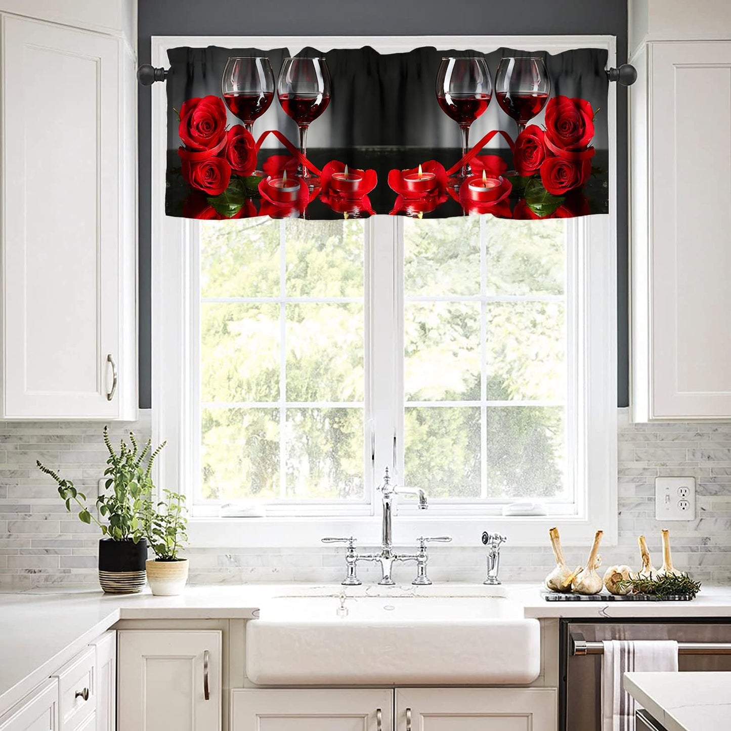 Red Rose Flowers and Wine Kitchen Curtains Valance, Red Wine with Rose and Glass Rod Pocket Window Valance for Bedroom Living Room Kitchen Cafe 1 Panels W54xL18in
