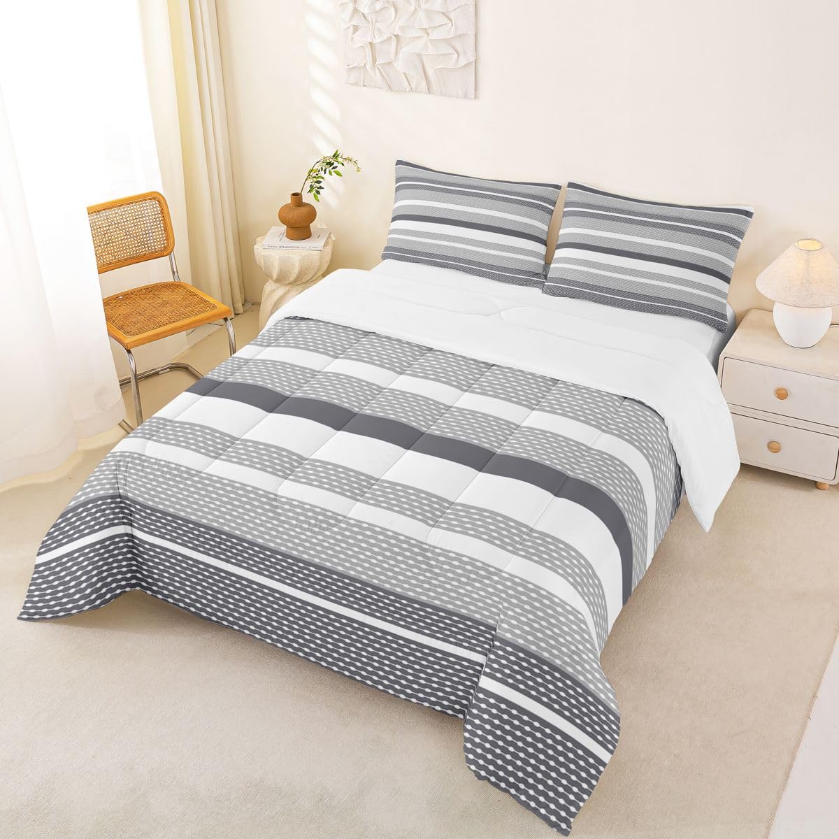 jejeloiu Black White Grey Stripes Bedding Set King Size Geometric Comforter Set for Kids Patchwork Striped Comforter Women Men Teens Ultra Soft Line Modern