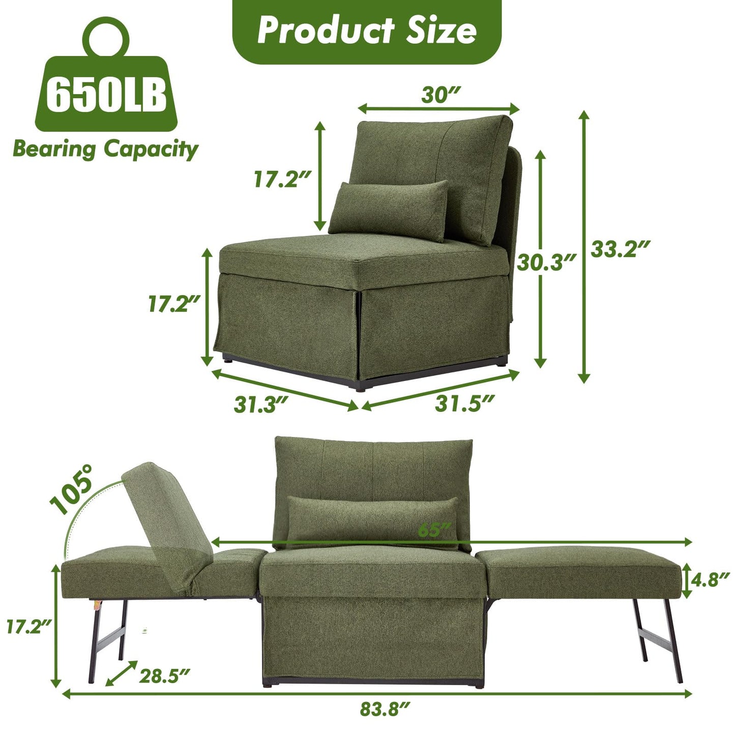 ZZW Sleeper Chair Bed Upgrade 4-in-1 to 5-in-1 Convertible Multi-fuction Sofa Chair w/Adjustable Backrest Assembly-Free Linen Folding Sofa Ottoman Bed for Living Room Apartment (Deep Green)