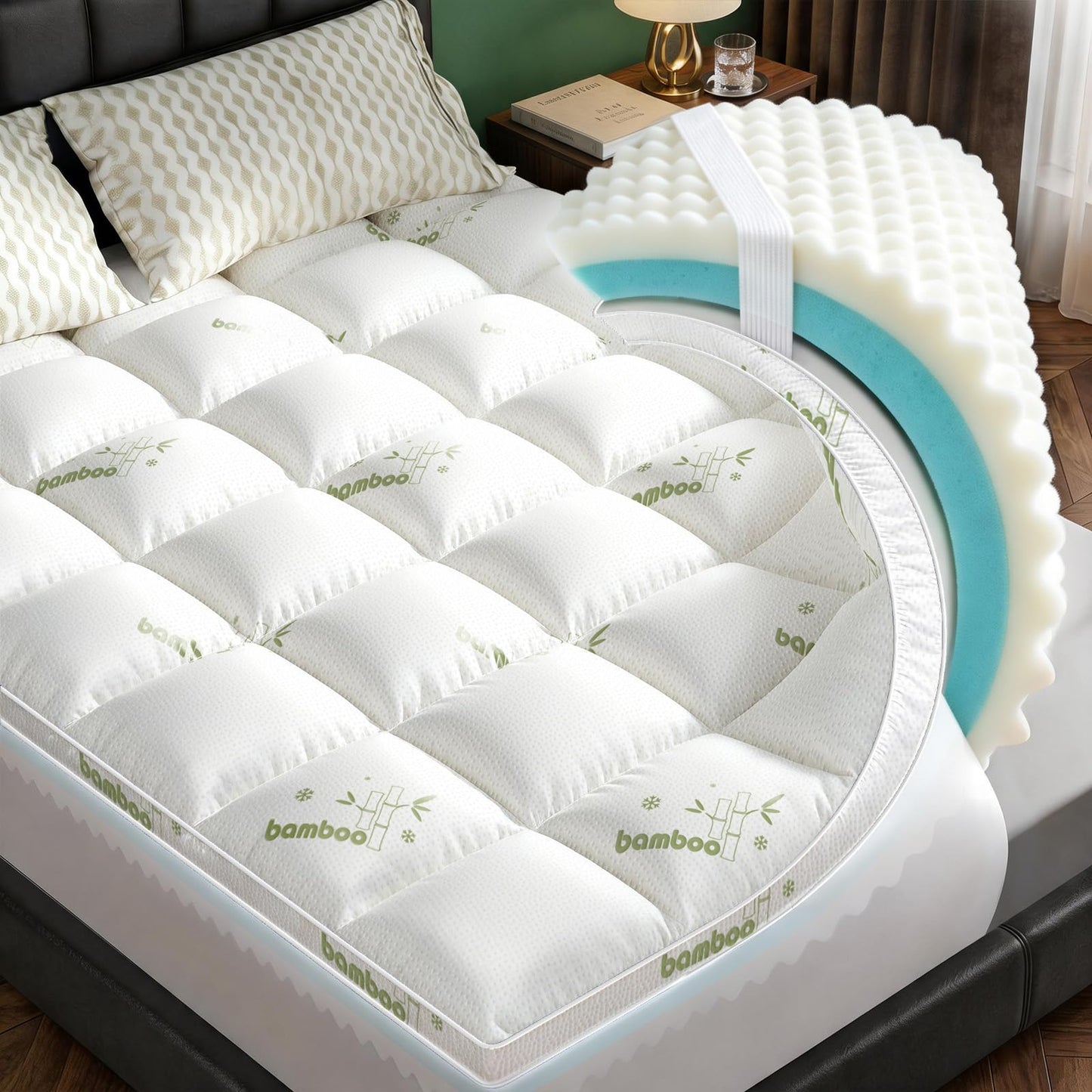 California King Mattress Topper, Dual Layer 4.5" Memory Foam Mattress Topper with 2" 1250GSM Cooling Mattress Pad (Breathable Viscose Made from Bamboo) & 2.5" Gel Memory Foam. Comfort Bed Topper