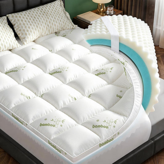 California King Mattress Topper, Dual Layer 4.5" Memory Foam Mattress Topper with 2" 1250GSM Cooling Mattress Pad (Breathable Viscose Made from Bamboo) & 2.5" Gel Memory Foam. Comfort Bed Topper