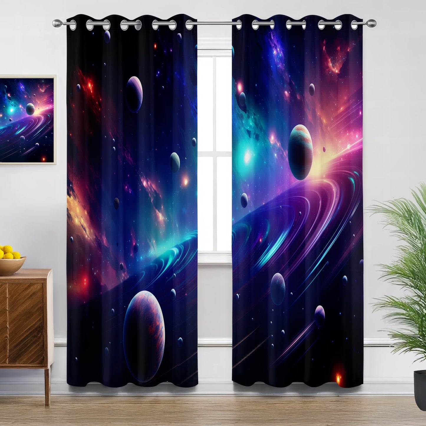 Galaxy Curtains Blackout, Planet Cosmic Space Celestial Patterned Curtains 63 Inch Length 2 Panels Set, Room Darkening Thermal Insulated Grommet Drapes for Bedroom Living Room