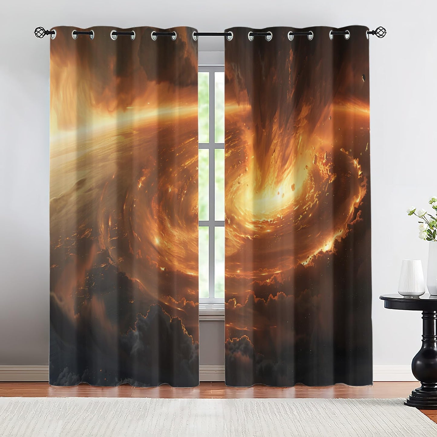 Apocalyptic Landscape Blackout Curtains, Flame Vortex Curtains for Living Room, Fantasy Landscape Black Out Bedroom Curtain Thermal Insulated Grommet Drapes 2 Panels, for Boys Room 31.5"W x 63"L x2