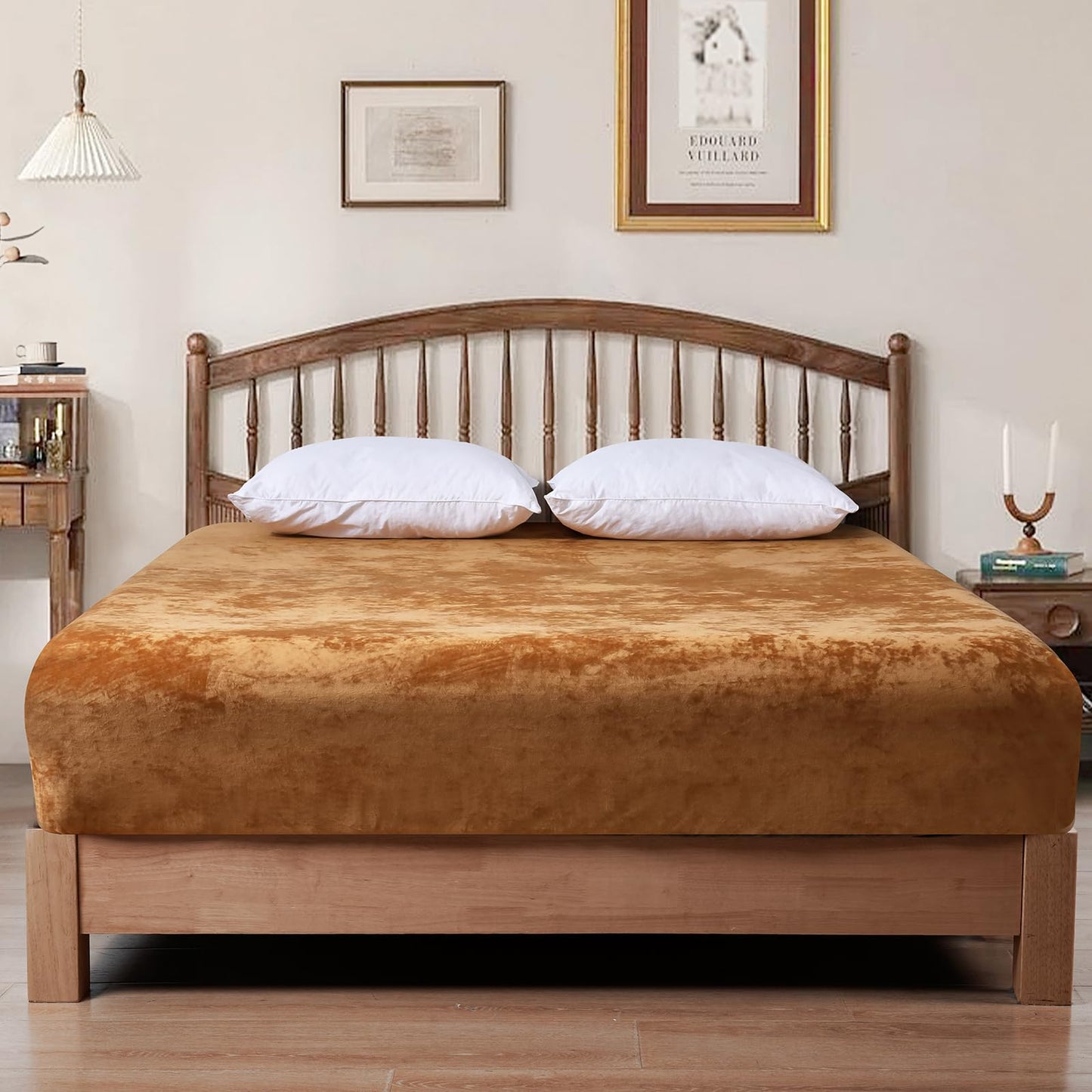 PHF Truly Velvet Fitted Sheet Only Queen Size, Luxury Super Soft Cozy Fuzzy Fleece Bottom Sheet, Deep Pocket Up to 16",Strenghth Elastic Band,Suitable for Fall Winter Spring,No Pillowcases,Brown Sugar