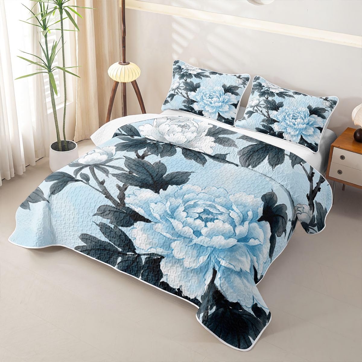jejeloiu Flower Quilt Set Farmhouse Floral Quilted Bedspread Lightweight Coverlet Set Twin Blue Bedding Set with Pillowcases for All Season Microfiber Bed Decor