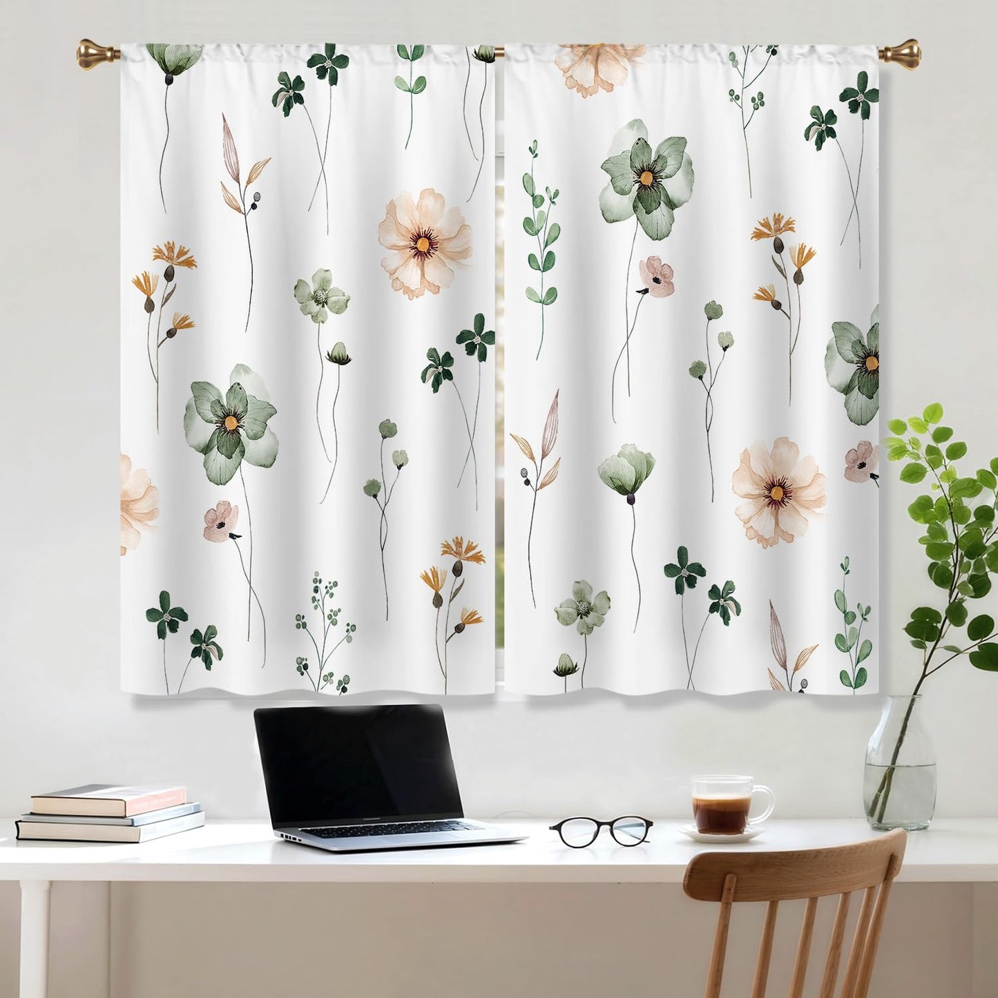 Cizuug Kitchen Curtains Boho Country Green Flower Small Short Small Short Cafe Tier Curtains Decor for Living Dining Room Bathroom RV Rod Pocket Window Drapes Treatment 2 Panels (27.5x39Inch)