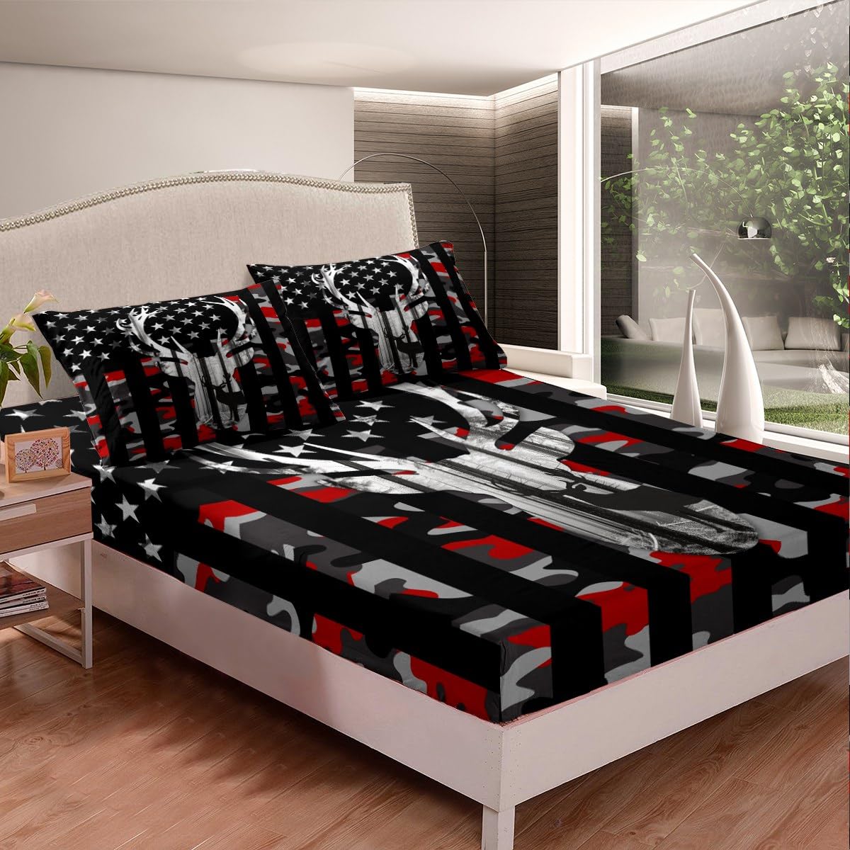 Camo American Flag Fitted Sheet Set Full Size 4 Pcs, Red Black Camo USA Flag Bedding Set(1 Fitted,1 Flat,2 Pillowcases), Deer Antlers and Trees Luxury Deep Pocket Bed Sheets for Girls Teen