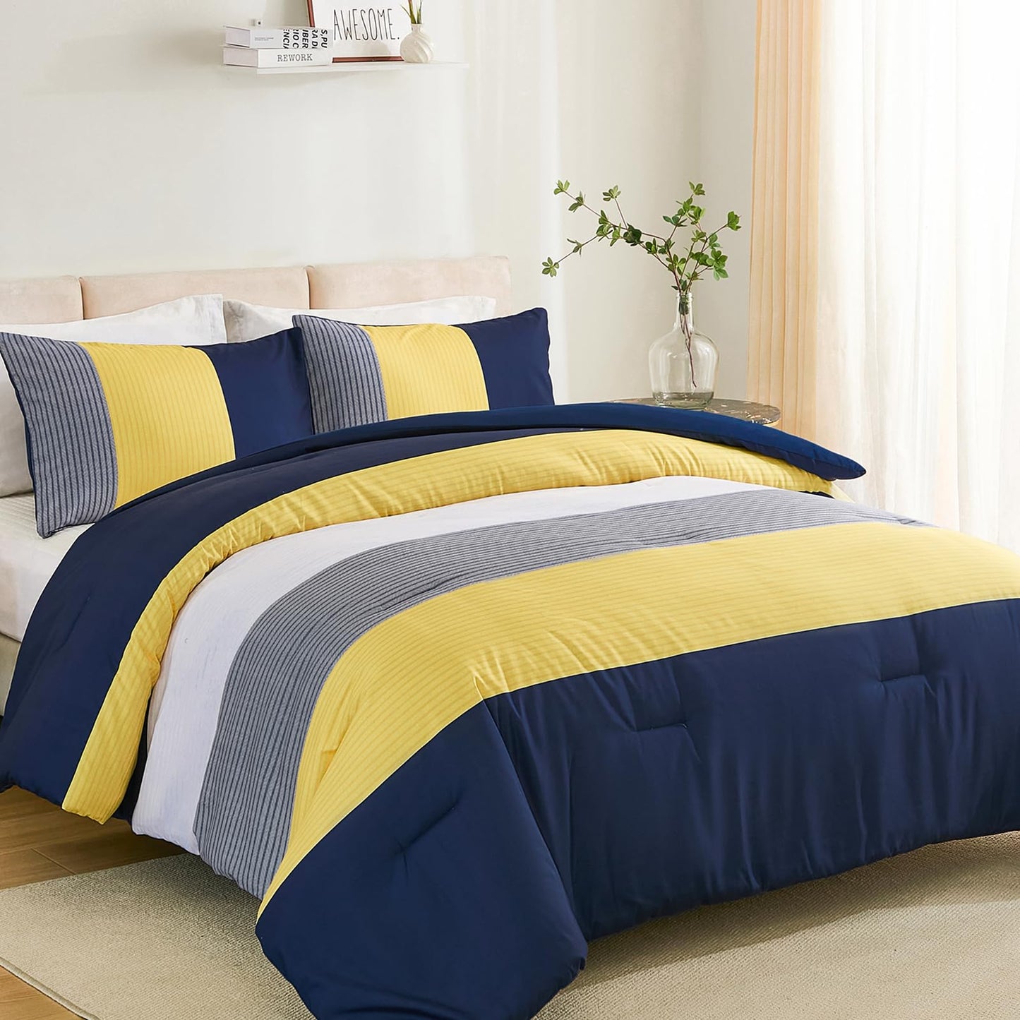 WONGS BEDDING Comforter Set Queen, Reversible Blue Striped Patchwork Down Alternative Comforter for Queen Bed,3 Pieces (1 Comforter+2 Pillowcases), Soft Microfiber Bedding Duvet Insert Set 90"×90"