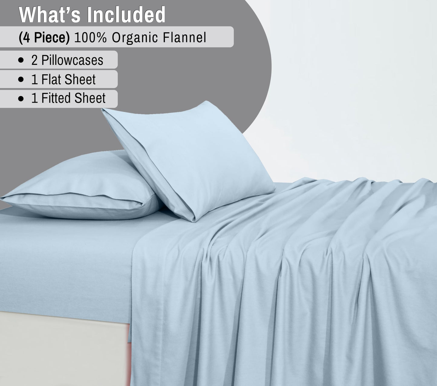 RUVANTI Flannel Sheets Queen Size - GOTS Certified 100% Organic Cotton, 4 Piece Warm, Soft & Breathable Set, Deep Pocket Snug Fit, Double Brushed Cozy All Season Bedding, Baby Blue