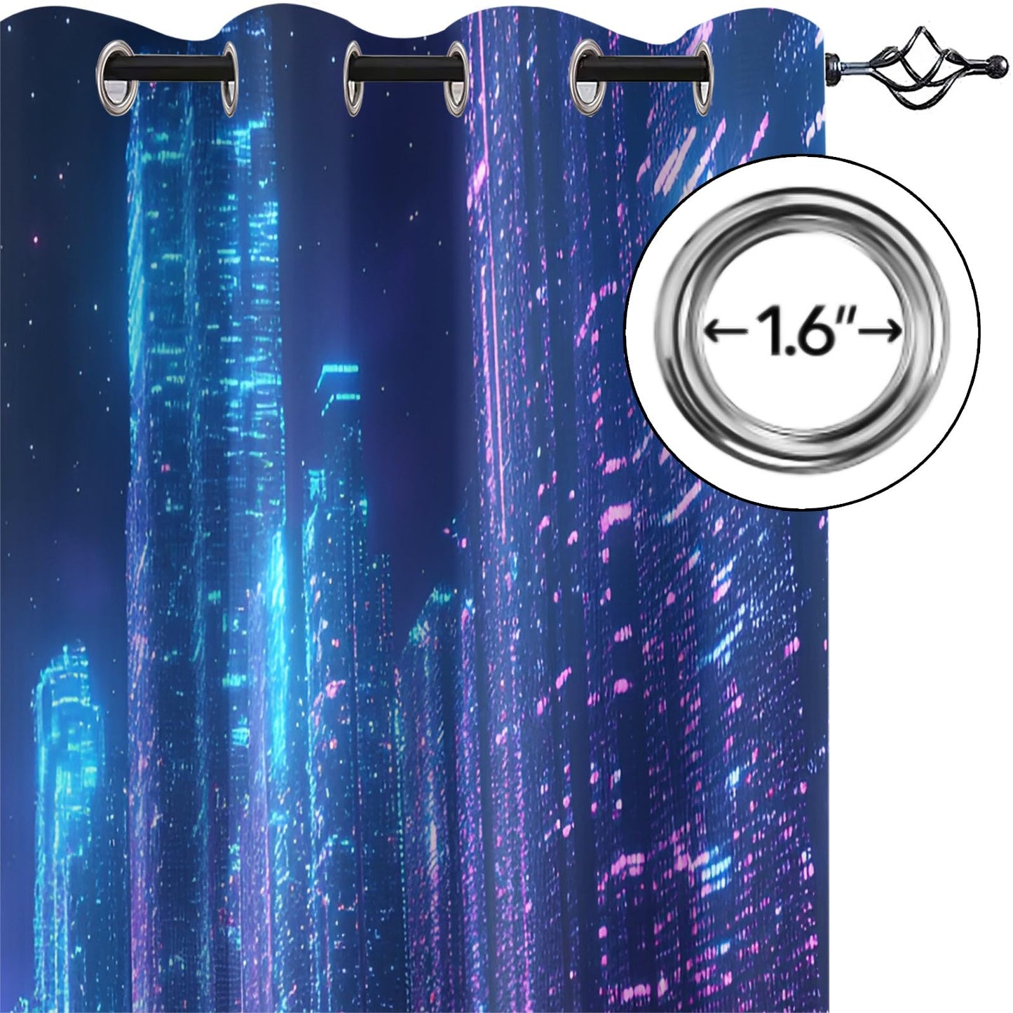 XAFIAUR City Neon Blackout Curtains, City Buildings Printed Drapes, Cyberpunk Thermal Insulated Drapes 2 Panels Darkening Window Curtain for Bedroom Living Room 27" W x 39" L x2