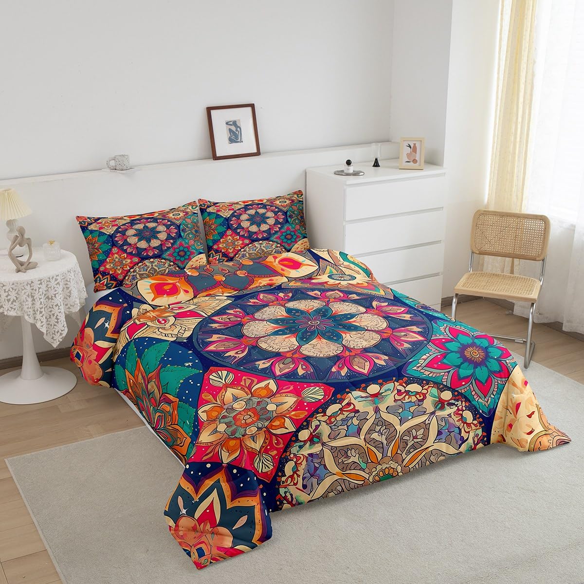 jejeloiu Hippie Mandala Bedding Set Full Size Kids Boho Mandala Comforter for Boys Girls Tribal Native Comforter Set Yellow Duvet Set Room Decorations Quilt Set