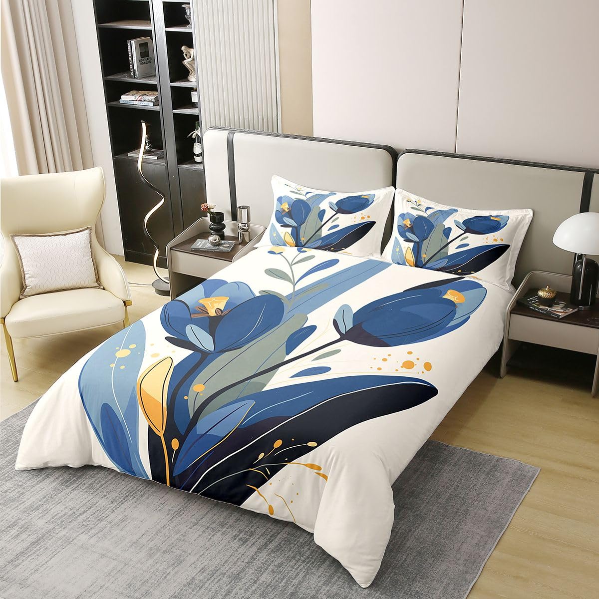 Erosebridal Blue Floral 100% Cotton Duvet Cover Full Blue Beige Bedding Set for Kids Girls Boys Adults Modern Minimalist Comforter Cover Flower Branches Pastoral Bedclothes 3 Pcs